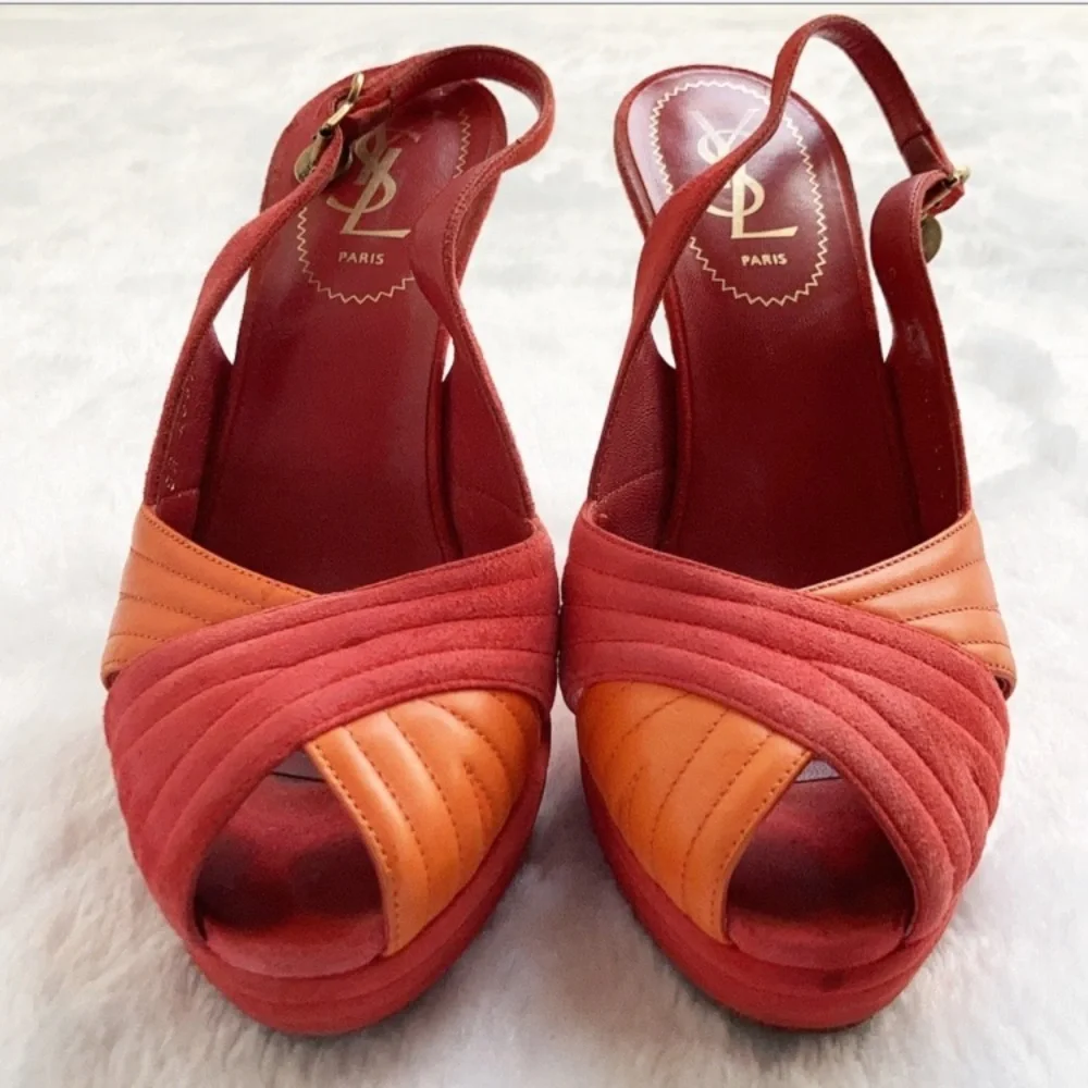YSL Logo Palais 105 Orange and Coral Slingback Platform Heels, size 37.5 - Picture 3 of 11